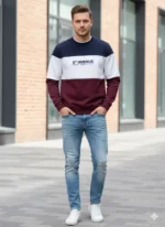 Men’s Color-Block Fleece Sweatshirt Navy, White & Maroon | Winter Casual Wear - Image 2
