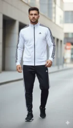 Men’s Premium Athletic Tracksuit – Beige Jacket & Black Track Pants | Double Stripe Sportswear Set - Image 2