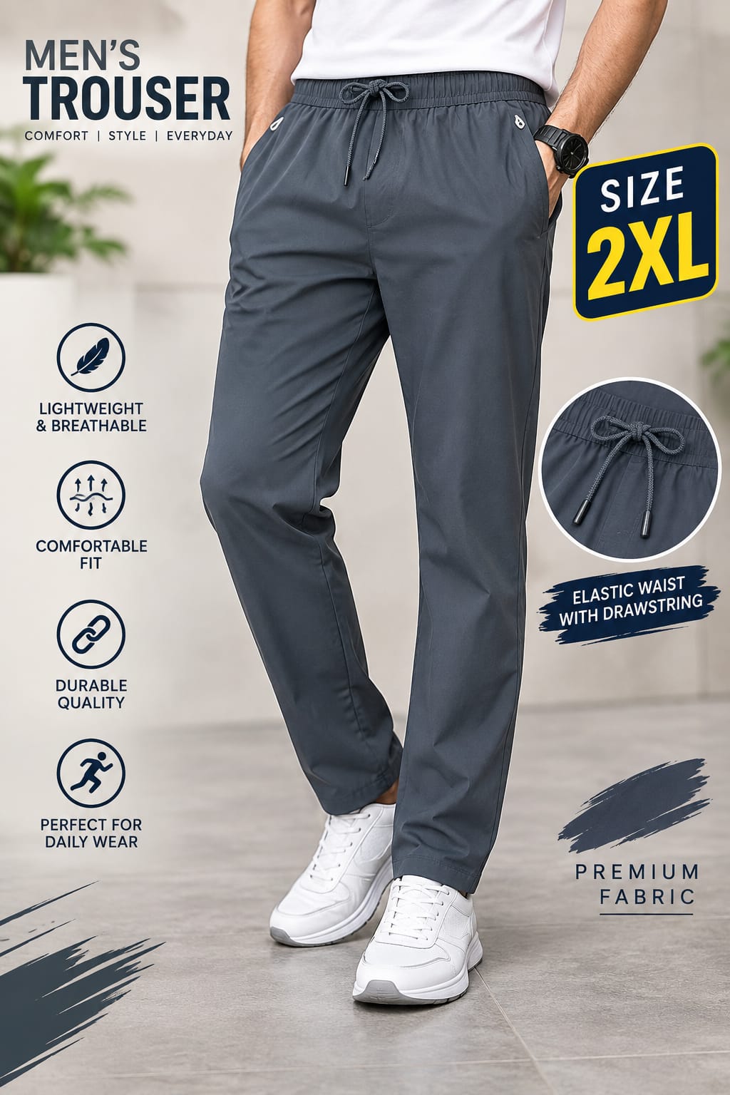 WhatsApp Image 2026-10-06 at 2.48.30 PM Men's Charcoal Grey Elastic Waist Lightweight Trousers - Image 1